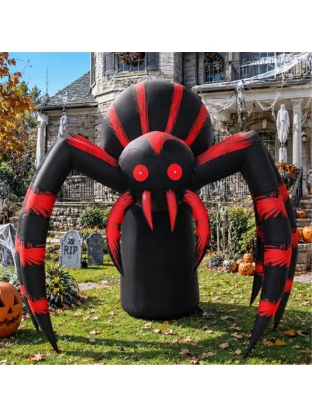 7FT Halloween Inflatables Red Stripe Spider Yard Decor with LEDs